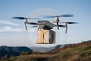 Quadcopter drone carrying blank package in the air, UAV technology