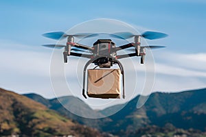 Quadcopter drone carrying blank package in the air, UAV technology