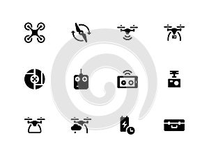 Quadcopter and flying drone icons on white photo
