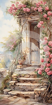 Quadratura: A Pink Door And Flowers Painting Inspired By Carolyn Blish And Konstantinos Parthenis