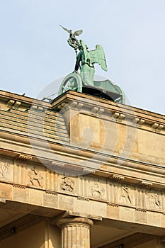 Quadriga statue on top of Brandenburg gate or Brandenburger Tor in summer
