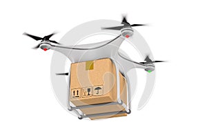 Quadrocopter with cargo box on white background. Isolated 3d illustration