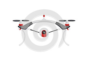 Quadrocopter drone. Air drone hovering. Aerial vehicle. Unmanned aircraft. Modern air gadjet, quadrocopter on remote