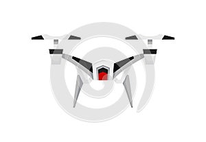 Quadrocopter drone. Air drone hovering. Aerial vehicle. Unmanned aircraft. Modern air gadjet, quadrocopter on remote