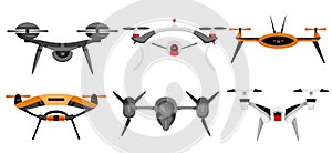 Quadrocopter drones. Air drones hovering. Aerial vehicle. Unmanned aircrafts. Set of modern air gadjet, quadrocopters on