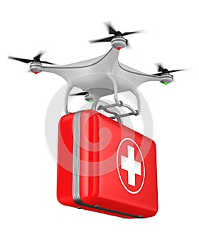 Quadrocopter with first aid kit on white background. Isolated 3d illustration