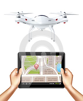 Quadrocopter And Hands Holding Tablet