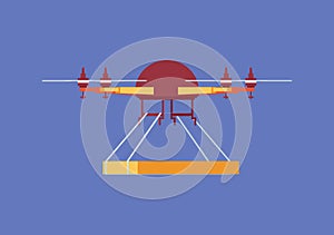 Quadrocopter or quadrotor helicopter delivery of food, equipment, medicine. Isolated on blue background