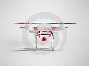 Quadrocopter white with red propellers 3d render on white background with shadow