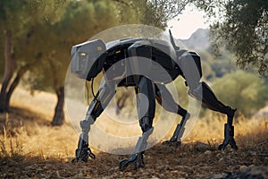 A quadruped biomechanical robot also known as robot dog with a camera. photo