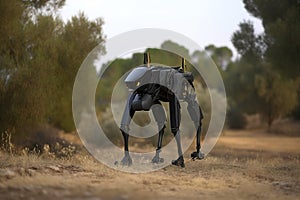 A quadruped biomechanical robot also known as robot dog with a camera.