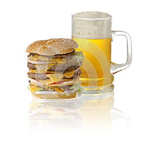 Quadruple cheeseburger and beer