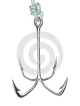 Quadruple fishing hook isolated on white