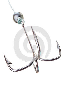 Quadruple fishing hook isolated on white