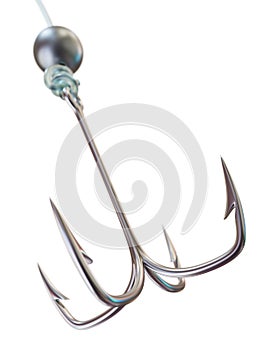 Quadruple fishing hook isolated on white