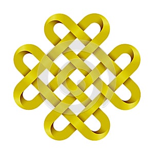 Quadruple Solomon knot made of crossed golden mobius stripes. Ancient traditional decorative symbol