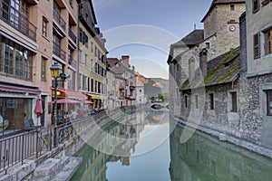 Quai de l`Ile and canal in Annecy old city, France, HDR