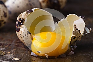 Quail egg broken on rustic table