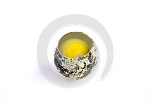 Broken quail egg on white background