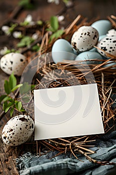 Quail eggs in a bird nest on a wooden table, surrounded by grass and twigs