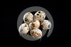 Quail eggs on a black background