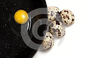 Quail eggs on black pan