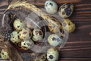 Quail eggs in a clay plate on a dark wooden background