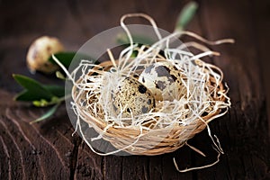 Quail eggs in a decorative nest for Easter