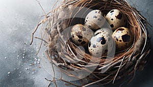 Quail Eggs in Nest on Textured Background, Springtime Concept