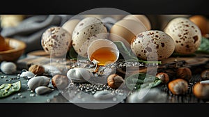 Quail eggs and nuts on a textured surface with a cracked egg. Generated AI