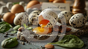 Quail eggs and nuts on a textured surface with a cracked egg. Generated AI