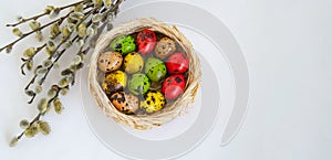 Quail eggs painted in different colors in a light wicker basket