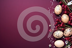 Quail eggs with pink flowers on a purple background