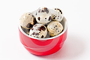 Quail eggs in a red container
