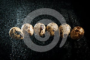 Quail eggs in splashes of water on a black background