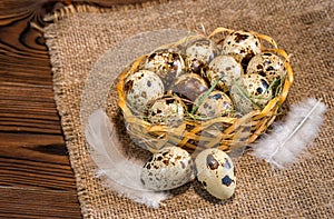 Quail eggs with straw and feathers in basket on hessian wooden b