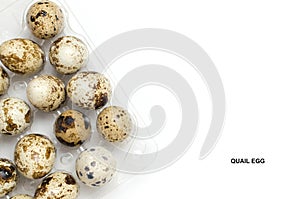 Quail eggs on white background, with space for text.