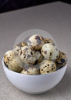 quail eggs in a white bowl on gray background
