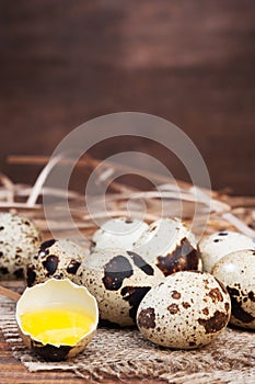 Quail eggs on wooden background close-up