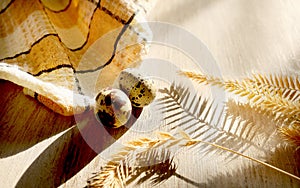 Quail eggs on wooden background. Happy Easter