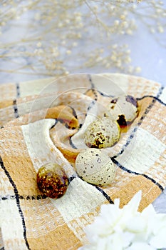 Quail eggs on wooden background. Happy Easter