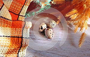 Quail eggs on wooden background. Rustic still life, Happy Easter