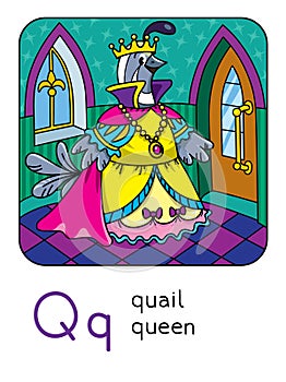 Quail queen Profession and animals ABC. Alphabet Q