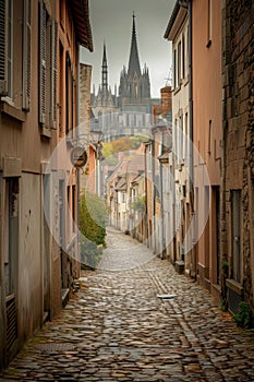 Quaint alley with autumn leaves framing a distant cathedral on a misty morning.