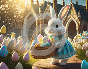 Enchanting Easter Scene: Bunnies, Eggs, and Gardens in the Farmer\'s Courtyard with a Church in the Background photo