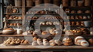 a quaint bakery, where artisanal bread varieties are artfully arranged on a rustic wooden counter, tempting passersby