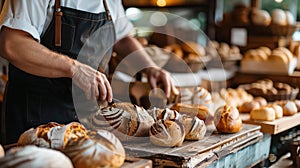 a quaint bakery, where artisanal bread varieties are artfully arranged on a rustic wooden counter, tempting passersby