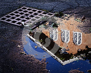 A quaint brick New England church is reflected in a puddle in a parking lot 2