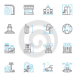 Quaint bungalows linear icons set. Charming, Rustic, Cozy, Picturesque, Quirky, Serene, Simple line vector and concept