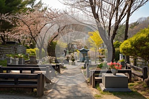 quaint cemetery with blooming gardens and wooden benches, a peaceful place of reflection